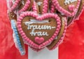 Gingerbread hearts at a folk festival with German words Ã¢â¬â dream woman, Germany